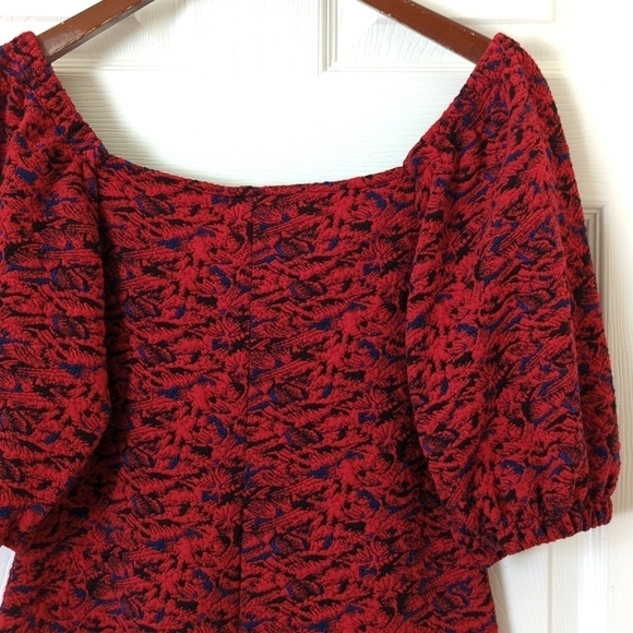 Free People Sunset Textured Puff Sleeve Square Neck Cropped Blouse Red Black S - Picture 9 of 10
